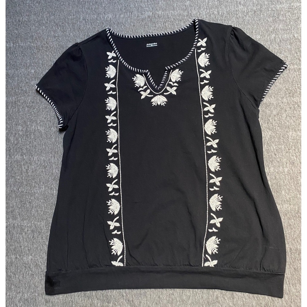 St Johns Bay Women Black Embroidered Short Sleeve Cotton Blouse Top Large Boho